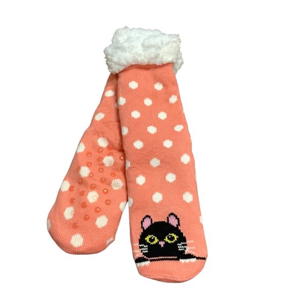 Thermal Cozy Fuzzy Black Cat Animal Sherpa Fleece-lined Non-Skid Slipper Socks - Picture 1 of 5